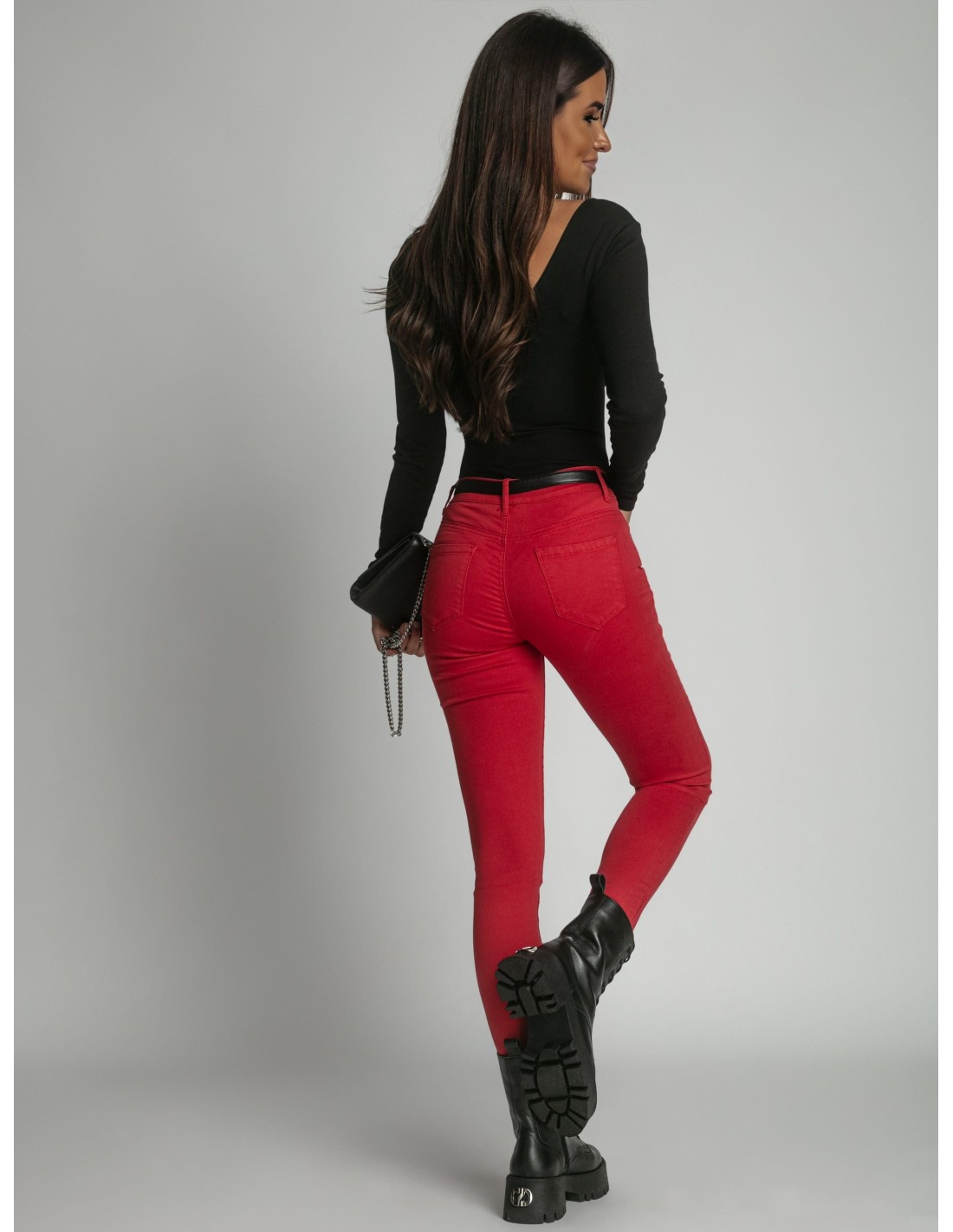 Jeans trousers with zippers on the legs, red, 0604 - Online store - Boutique